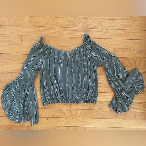 Altered State Green Black White Stripe Flowy Bell Sleeve Crop Off Shoulder Top - Picture 5 of 7